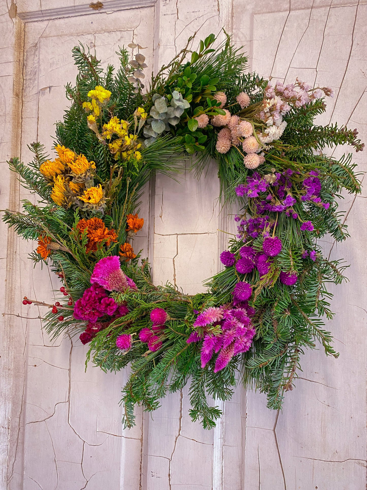 Evergreen & Dried Flower Rainbow Wreath